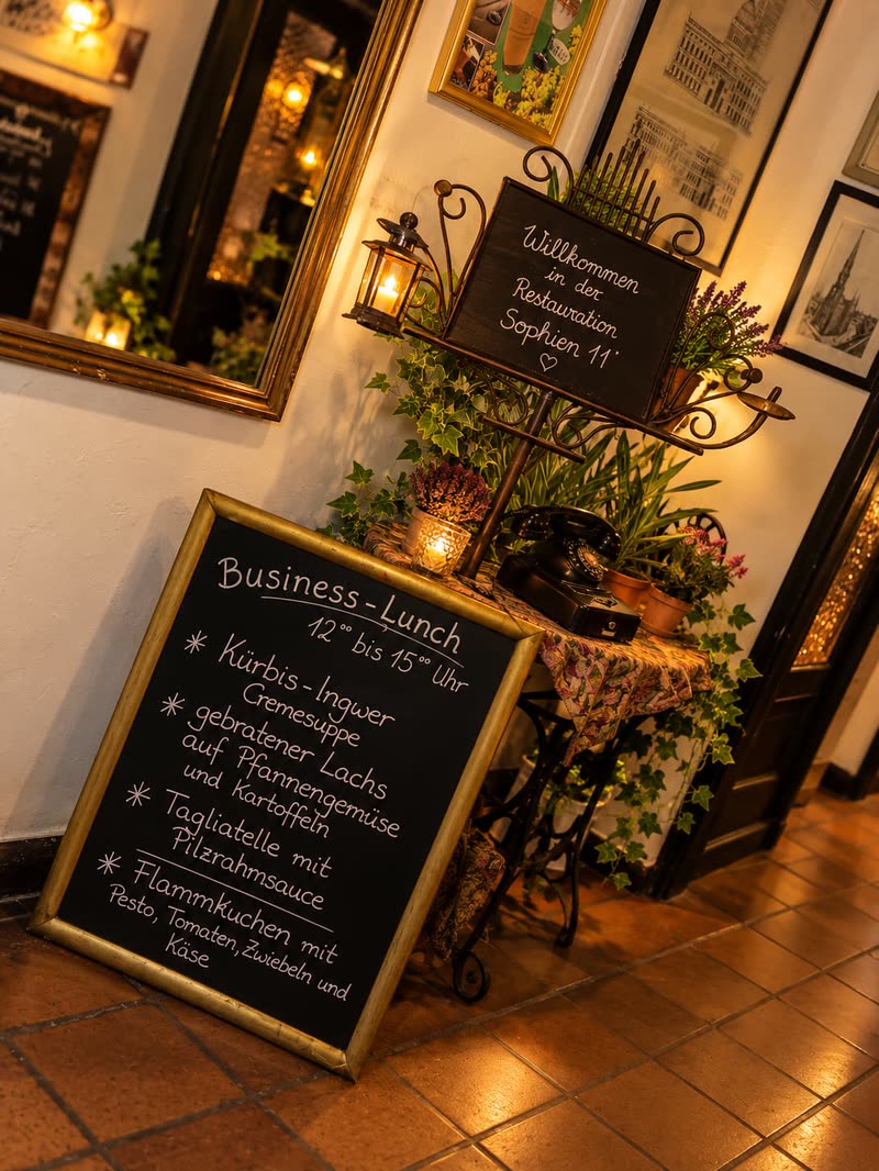 Willkommensschild mit Laterne und altem Telefon im Eingang