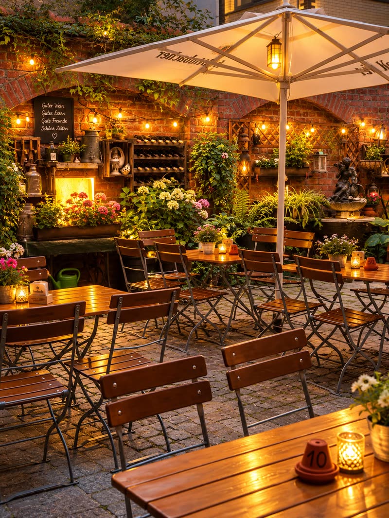 Garten im Innenhof mit Holztischen, Sonnenschirm und Lichterketten am Abend