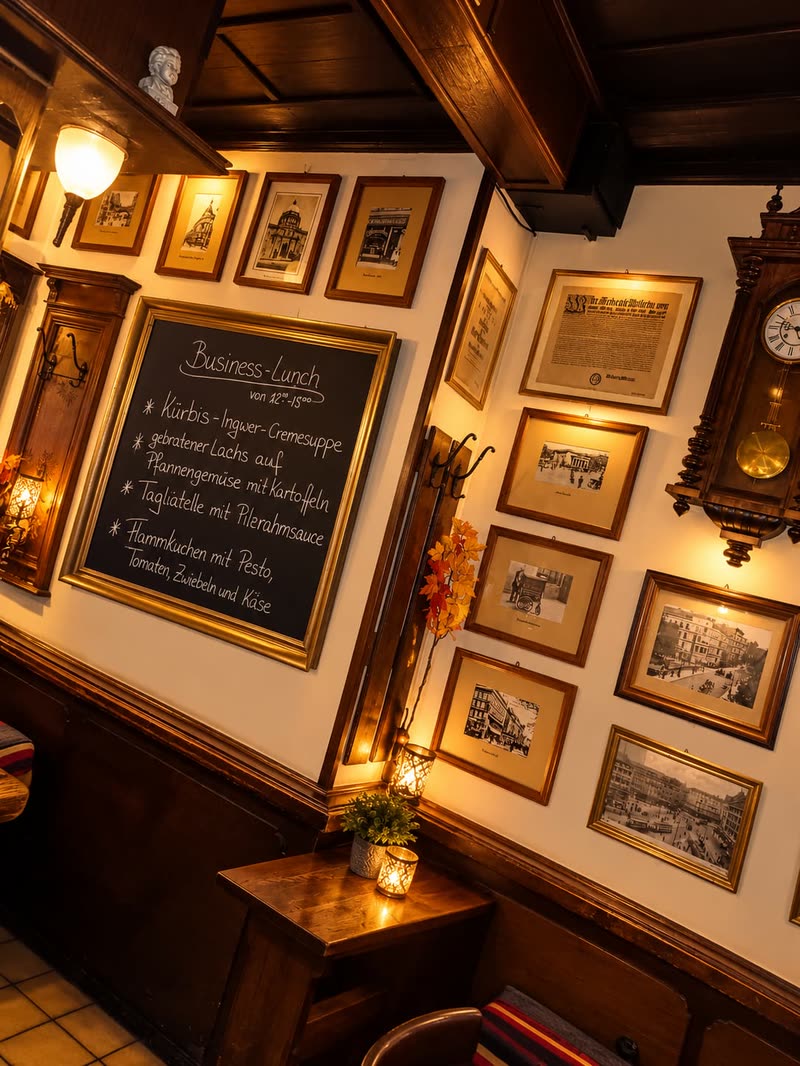 Bilderwand mit historischen Stadtansichten und Kreidetafel mit dem Business-Lunch